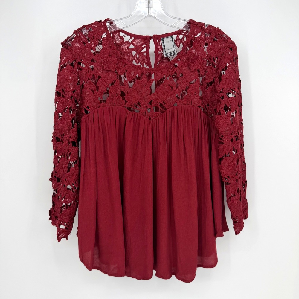 Guest Editor Lace Babydoll Blouse Women S Burgundy Floral Boho Romantic Holiday